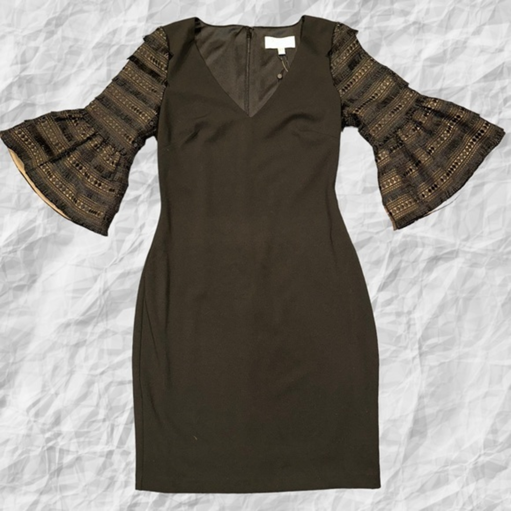 Badgley Mischka Fringe Sleeve Black Sheath Dress‎ size 4